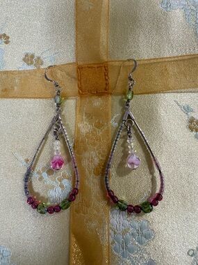 BoHo Pink and Green Beaded Teardrop Earrings